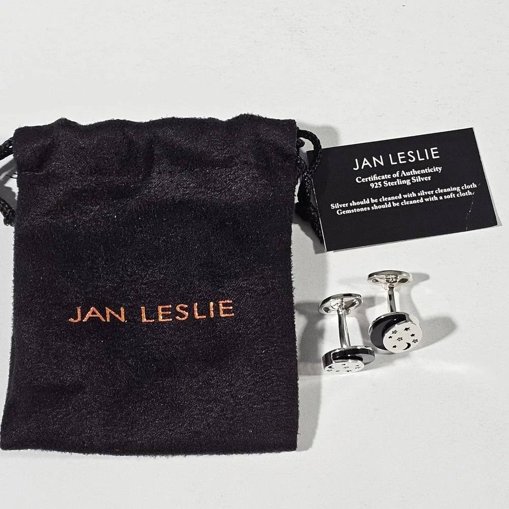 Jan Leslie Cufflinks Mens OS Silver Black Moon Stars Sterling Silver 925 Enamel